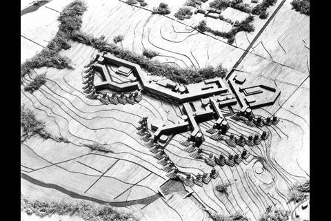 Denys Lasdun & Partners' Draft I model, 1963, showing teaching wall and ziggurats